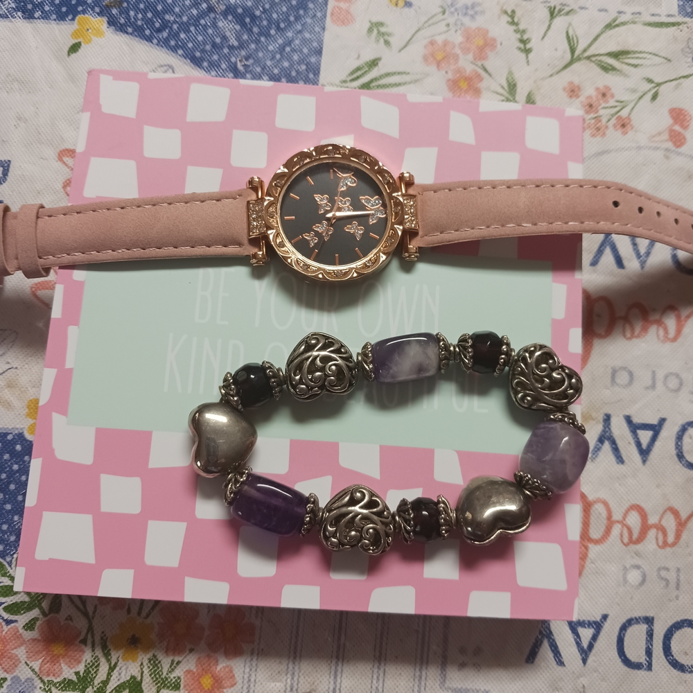 Pink Strap Watch with Butterflies And Amethyst Bracelet.